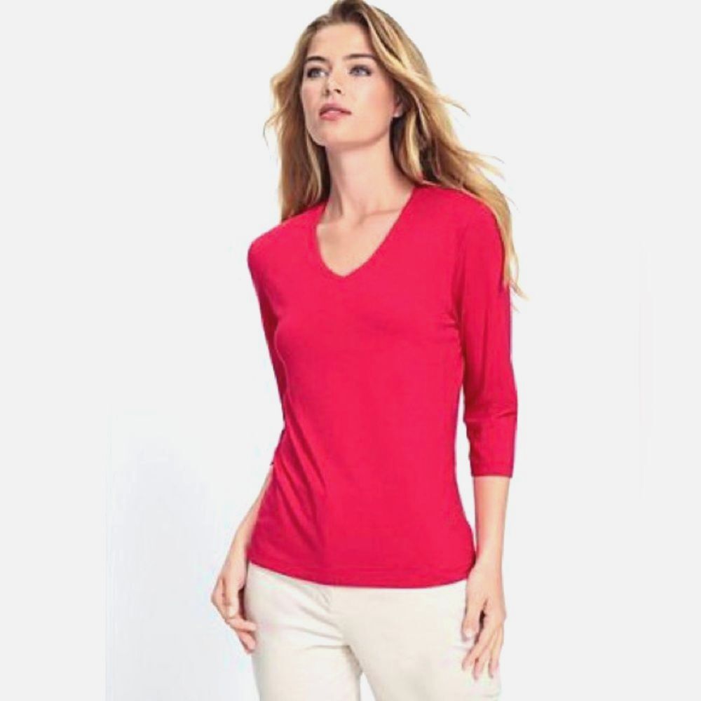 Linda Leal V-Neck Top Womens XL Stretch 3/4 Sleeve FItted Shirt Minimalist Pink